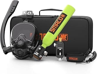 SMACO Mini Scuba Tank with Snorkel Mask 0.5L Portable Small Diving Tank with Full Face Diving Mask Reusable DOT Certified Pony Bottle Diving Cylinder Kit for Snorkeling Recreational Diving S300Plus