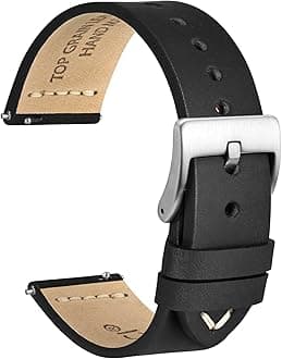 WOCCI 21mm Old-fashioned Watch Band for Men, Top Grain Leather, Silver Brushed Buckle (Black)