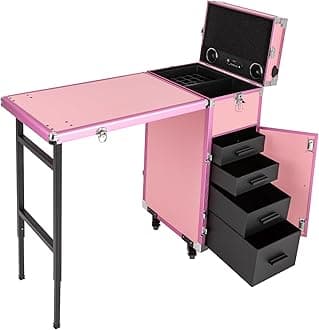 Rolling Manicure Table Makeup Train Case, Portable Nail Table Travel Cosmetic Trolley Storage Organizer Travel Nail Desk Nail Tech Travel Case with 4 Drawers Mirror & Speaker