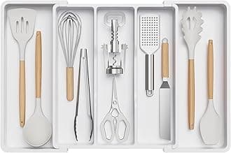 Lifewit Utensil Drawer Organiser, Extendable Cutlery Tray for Kitchen, Adjustable Silverware Flatware Holder, Plastic Kitchen Spatula Tools and Gadgets Storage Divider, Large, White