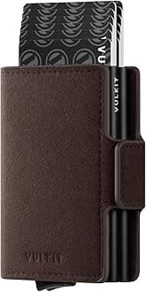 VULKIT Double Credit Card Holder RFID Blocking Pop Up Metal Card Holder Leather Men's Wallets Magnetic Closure with 2 Slots for 10-14 Cards