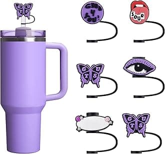 6Pcs 10mm/0.4in Diameter Silicone Straw Cover Compatible with Stanley 40 Oz Cup, Cute Straw Toppers for Stanley 40 Oz Tumbler, Dust-Proof, Purple
