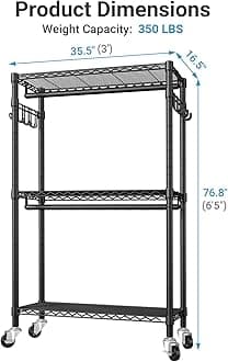 VIPEK V12 Medium Heavy Duty Rolling Garment Rack 3 Tiers Adjustable Clothes Rack with Double Rods & Hooks, Freestanding Wardrobe Closet Storage Rack Metal Clothing Rack for Hanging Clothes, Black