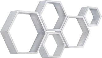 PHOENANCEE Hexagon Floating Shelves,Wall Mounted Wood Farmhouse Storage Honeycomb Wall Shelf Set of 5,for Bathroom, Kitchen, Bedroom, Living Room,Office,Driftwood Finish (Weathered White)