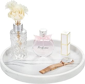 Emibele Vanity Tray, Resin Round Tray Decorative Storage Organizer for Bathroom Toilet Tank Bedroom Kitchen Countertop, Jewelry Storage Dresser Tray for Candle, Lotion Bottle, Cosmetics, Gravel White