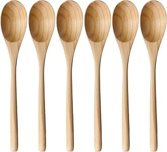 AOOSY Wooden Spoons for Cooking, 9 Inches 6 Pieces Japanese Natural Ellipse Wooden Spoon Set for Cooking Mixing Stirring Honey Tea Soda Dessert Coconut Bowl Nonstick Pots Kitchen