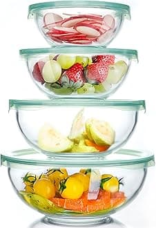 Luvan Glass Salad Bowls,Set of 4/Glass Mixing Bowls 1, 1.5, 2.5, 3.7 QT,Microwave,Freezer,Oven and Dishwasher Safe,for Mixing, Storage, Serving