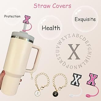 （2+2）2PCS Straw Cover for Stanley Cup 30&40 Oz 10mm Straw Topper with 2PCS Stanley Cup Accessories Letter Charms Name ID Initial Letter Handle Personalized Charm For Stanley Tumbler (Letter X)