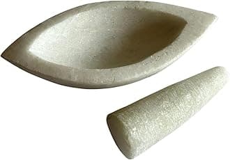 Pearl White Boat Shaped Mortar Pestle Set or Nav Kharal or Ohkli Musal or Idi Kallu or Spice Grinder or Medicine Crusher - Std - 6in outer dia or 4.5in inner dia