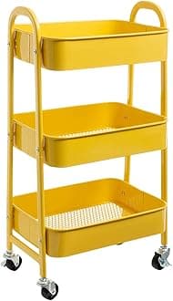 DOEWORKS 3 Tier Storage Trolley on Wheels Rolling Kitchen Trolley Craft Trolleys Beauty Trolleys Metal Storage Utility Cart for Books Room Bathroom Office, Yellow