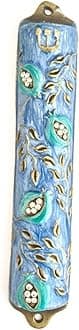 Bless This House, Mezuzah Case - Mezuzah Cover, Pomegranate Tree Design Crafted in Heavy Brass, Jerusalem Judaica, Israel, Door Mezuza Case 4" (Blue)