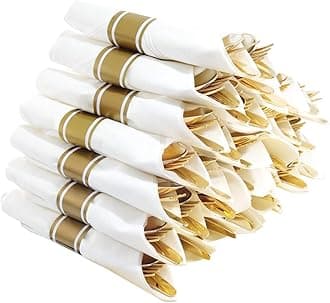 I00000 30 Guest Pre Rolled Napkins with Gold Plastic Silverware, Premium Disposable Cutlery Set Includes: 30 Forks, 30 Knives, 30 Spoons, 30 Napkins