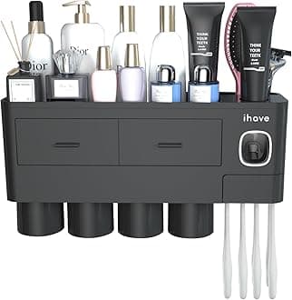 iHave Toothbrush Holder Bathroom Storage, 4 Cups Toothbrush Holder Wall Mounted with Toothpaste Dispenser, Large Capacity Tooth Brush Holder Bathroom Storage & Organisation