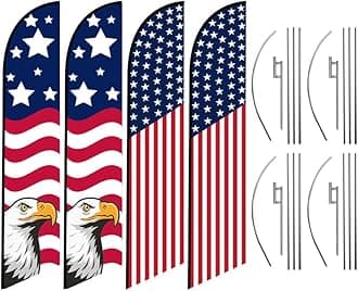 Pack of 4 - Tall Swooper Feather Flags American Glory US Banners 50 Stars on top & American Eagle Patriotic Design with 15ft Flag Pole Kits and Ground Stakes -Outdoor Advertising or Decoration Signs
