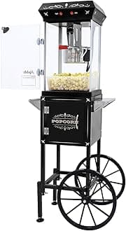 Popcorn Machine Maker With 8 Oz Kettle Makes Up to 32 Cups Popcorn Machine Cart Vintage-Style Popper on Wheels Popcorn Machines for Home (Black)