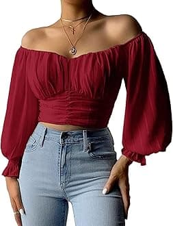MIRACMODA Womens Elegant Off The Shoulder Puff Sleeve Blouse Summer Chiffon Slim Fit Party Crop Top