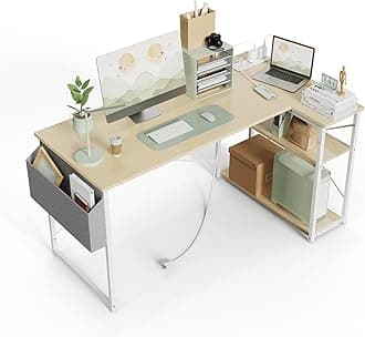 TIQLAB L Shaped Computer Desk with Power Outlets, 55 Inch Small Corner Desk with Reversible Shelves, Gaming Desk Computer Table Study Writing Desk for Home Office Small Space, Beige