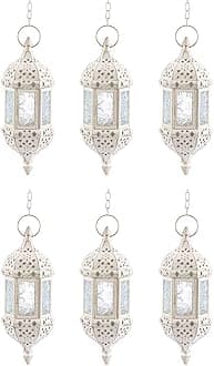 6 Pcs Moroccan Lantern Metalwork Hanging Tealight Candle Holder Metal Glass Indoor Outdoor Battery Operated LED Flameless with 13.8 inches Chain, White