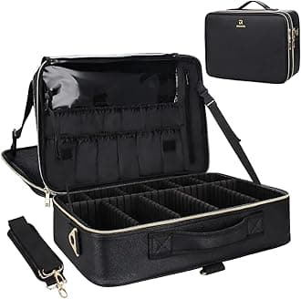 Relavel Makeup Case Large Makeup Bag Professional Train Case 16.5 inches Travel Cosmetic Organizer Brush Holder Waterproof Makeup Artist Storage Box, 3 Layer Large Capacity, Leather Black, Large, dsf-ska-124