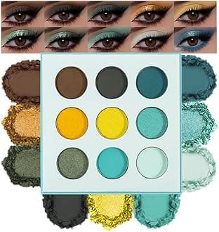 Matte Shimmer Glitter Eyeshadow Palette – High Pigment Teal, Yellow, Olive & Brown Shades, Long-Lasting Waterproof Blendable Bright Eye Makeup, Colorful Artistic Eyeshadow for Creative & Daily Looks