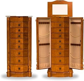 Roman Locking Jewelry Armoire – 8 Drawer Organizer with Mirror, Side Necklace Hooks, Ring Rolls and Anti-Tarnish Lining