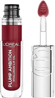 L'Oreal Paris Plump Ambition Hyaluron Lip Oil, 24 HR Lip Gloss with Hyaluronic Acid, Volumizing Formula with Glass-Like Shine, Berry Jolie 490, 0.16 Fl Oz