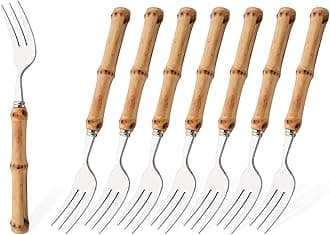 8-Piece Natural Bamboo Small Dessert Forks, 6.3 Inches Stainless Steel with Bamboo Handle, Cake Forks