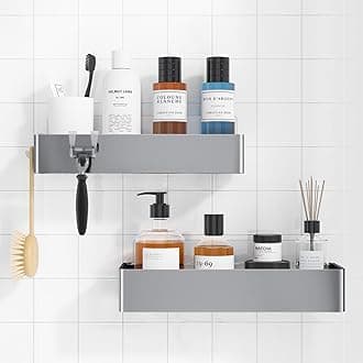 Kitsure Large Shower Shelf - 2 Pack Self Adhesive Shower Organizer, Stainless Metal Shelves, Non-Drilled Bathroom Organizers and Storage, Silver Grey
