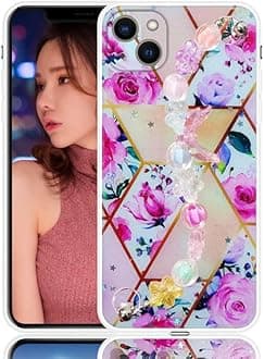 COVERLY Compatible with iPhone 14 Butterfly Flower Cute Chain Case,Luxury Premium Floral Case Rose Shape Designer Glitter Pretty Wrist Strap Full Protective Cover for Apple iPhone 14