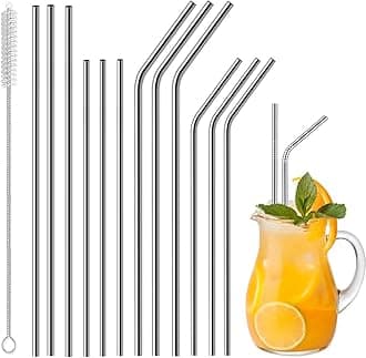 Vinaco Stainless Steel Straws Reusable, 12 Pack 8.5" & 10.5" Metal Straws 0.24" for 20 oz - 32 oz Tumblers, Long Drinking Straws with Cleaning Brush for Coffee, Juice, Cocktail and Hot Drinks