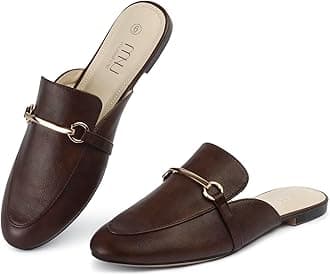 MUSSHOE Gold Buckle Mules for Women - Comfortable Memory Foam Loafers, Classy Slip On Flats for Office Business Casual, Dressy Pointed Toe Shoes