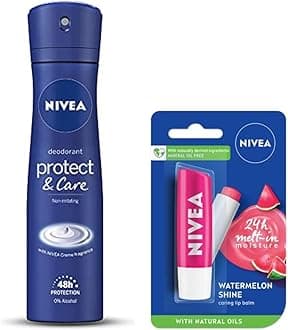 NIVEA Lip Balm, Fruity Watermelon Shine, 4.8g & Nivea Deodorant, Protect & Care for Women, 150ml