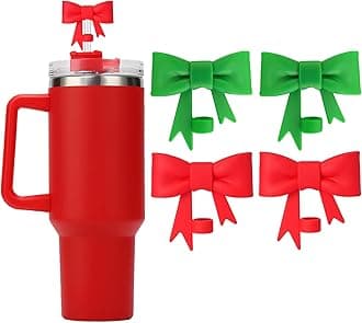 Christmas Bow Straw Covers Cap Toppers Compatible with Stanley Cups, Cute 10mm Reusable Silicone Straws Topper for 40oz Tumbler with Handle, Stanleys Cup Accessories, 4Pcs