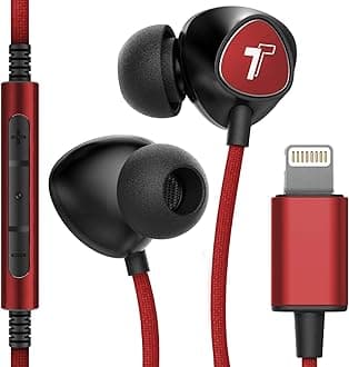 iPhone Earphones (Apple MFi Certified) V110 in Ear Braided Wired Lightning Earbuds (Sweat/Water Resistant) Headphones with Mic/Volume Remote for iPhone 12/13/14 Pro Max - Red