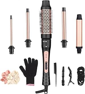 5 in 1 Curling Iron, Hair Curling Wand Set with Curling Brush and 4 Interchangeable Ceramic Curling Wand(0.35”-1.25”), Hair Crimper, Instant Heat Up,Include Heat Protective Glove & 2 Clips