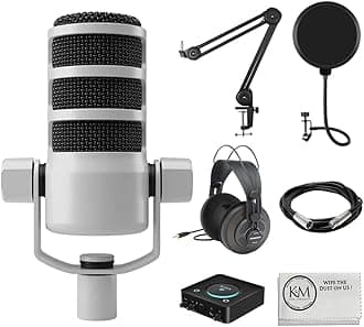 Rode PodMic Dynamic Podcasting Microphone | White Bundle with Studio Headphones + XLR Cable + Pop Filter + Icon Pro Audio USolo Recording Interface + Mic Arm + Cleaning Cloth (7 Items)