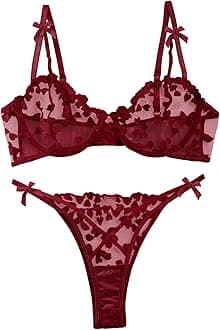 Lilosy Sexy Underwire Cute Push Up Strappy Embroidered Mesh Sheer Lingerie Set See Through Panty Bra
