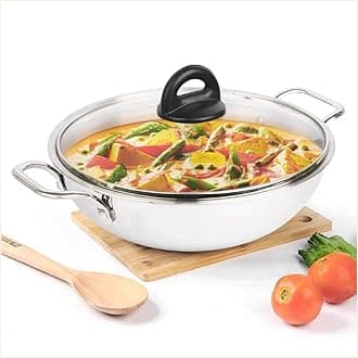 Triply Stainless Steel Kadai with Glass Lid | Very Small 20.3cm/8 inch, 1.7Ltr, 1kg | Induction Friendly | Nonstick 3-Layer Body, 100% Pure & Toxin-Free, No Chemical Coating