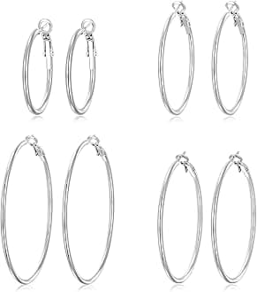 4 Pairs Silver Gold Hoop Earrings for Women | 14K Gold Plated Hoop Earrings Set Hypoallergenic Earring Lightweight Dangle Earrings Set