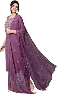 Kurta Straight Embroidery Cotton Blend Pants and Dupatta for Women, Violet, 42