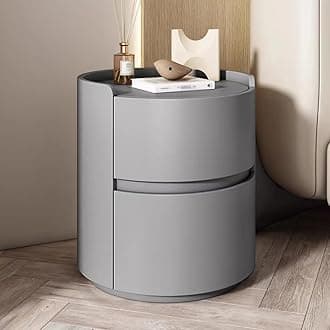ERICAT Round Night Stand Nightstand, Wooden Bedside Table for Bedroom, Outer Leather Bedside Table, Nightstand Storage Living Room end Tables Drawer Shelf Bed Side Table(Grey,40x40x50cm)