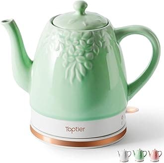 Toptier Electric Ceramic Tea Kettle, Boil Water Quickly and Easily, Detachable Swivel Base & Boil Dry Protection, Carefree Auto Shut Off, 1.5 L, Light Green