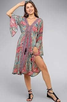 KE KANHA EXPORTS Dress for Woman|Boho Dresses for Women|Beach Wear|Border Print|Adjustable Tassel at Waist|Vacation Boho Casual|Multicolor|Easily fits S-M-L|Bust 32-38 in|Length 40 in