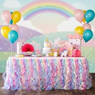 6FT Rainbow Tulle Tutu Table Skirt Double Layer Satin Willows with Glossy Organza, Birthday Party Decorations for Unicorn and Mermaid Parties, Baby Showers, Weddings | Rectangular and Round Tables