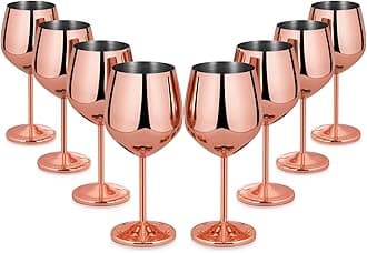 Lifecapido Stainless Steel Stem Wine Glasses Set of 8, 18oz Copper Wine Glasses, Stainless Steel Wine Goblets with Cup Brush for Party Office Wedding Anniversary, Great for Red White Wine(Rose Gold)