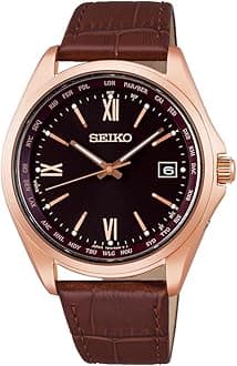 Seiko Selection Men's Wristwatch, Titanium Solar Radio, World Time Function, Pink Gold/Brown/Band: Brown, Leather band (cowhide leather)