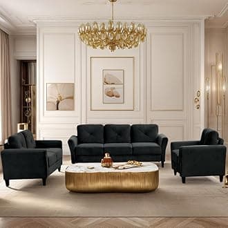 3 Pieses Living Room Sofa Sets Include 3 Seaters Couch, Loveseat and Armchair, Modern Velvet Upholstered Tufted Sofa Couch with Ergonomically Curved Armrests for Home Apartment Office Living Room