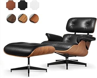 Top Black Grain Leather, Mid Century Chaise Lounge Chair and Ottoman, Modern Chair Classic Design, Heavy Duty Base Support for Living Room Study Lounge Office, Walnut