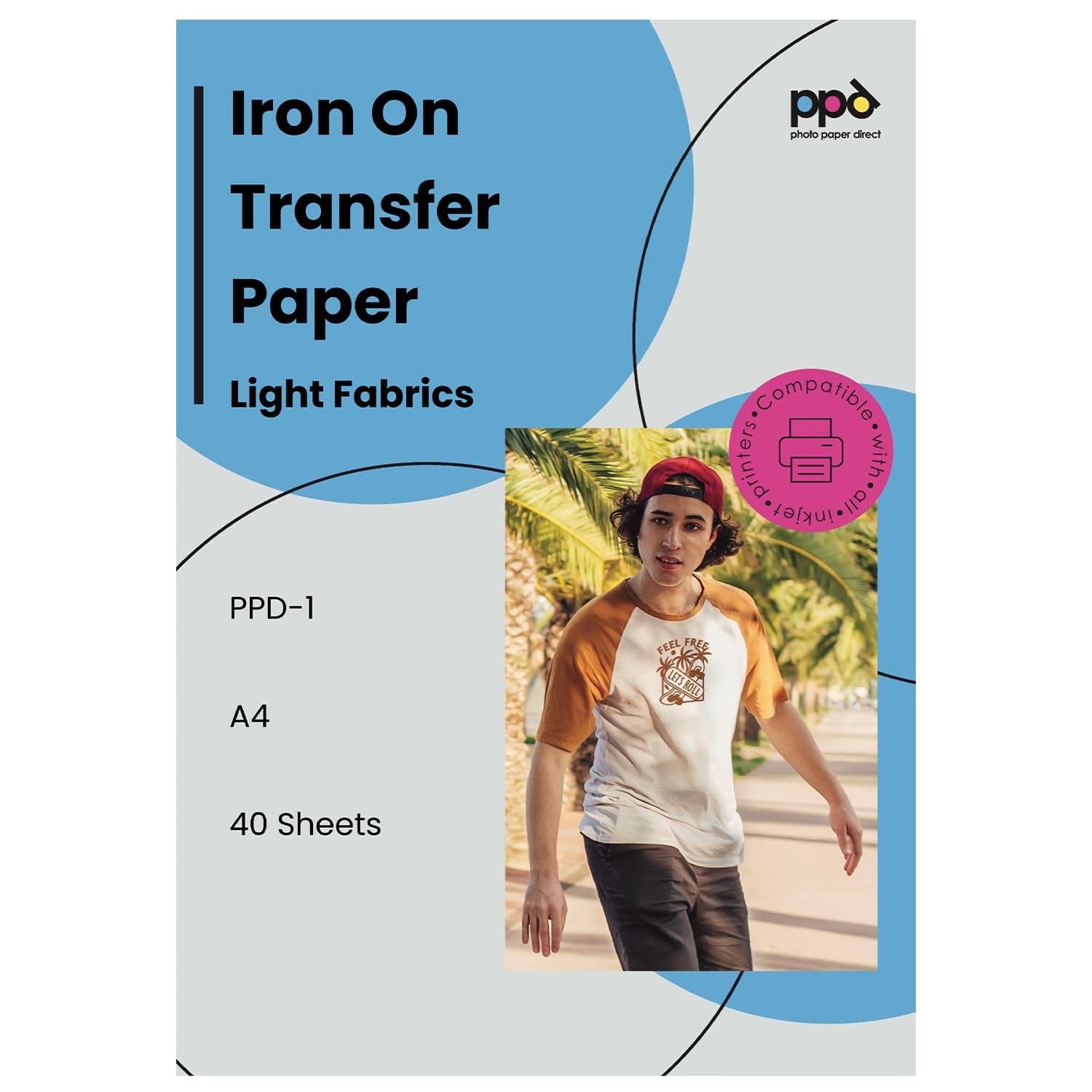 Iron on Transfer Paper for Inkjet Printer for Light Fabric, A4, 8.5 x 11 Printable Paper for Clothing, T Shirts and Cotton Textiles, Print and Cut Heat Transfer, DIY at Home, Washable (40 Sheets)