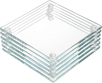 YOUEON Set of 6 Square Glass Drink Coasters, 3.5"x3.5" Crystal Coasters for Drinks, Decorative Clear Glass Plates for Mugs, Cups, Dining Tables, Office, Kitchen, Home Decor and Parties